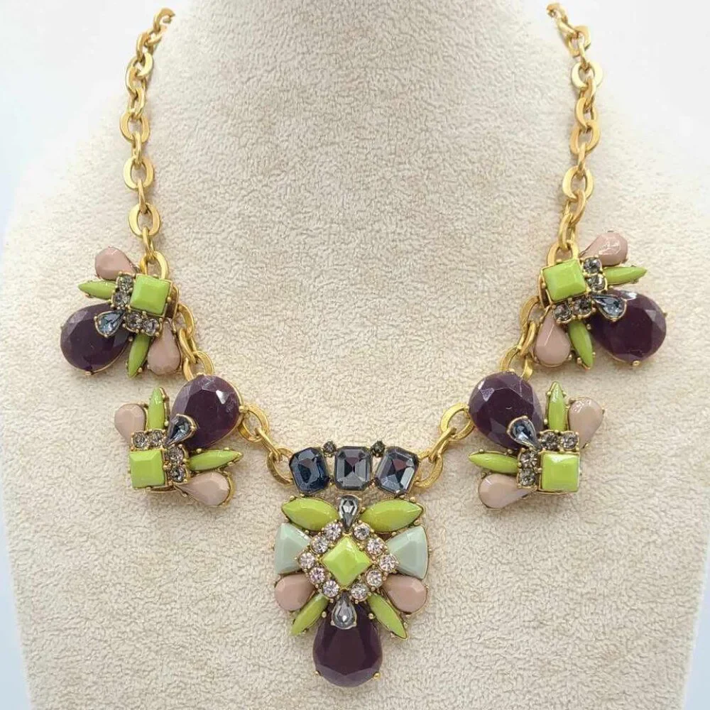 J Crew Chunky Green Brown Gray Crystal Statement Necklace